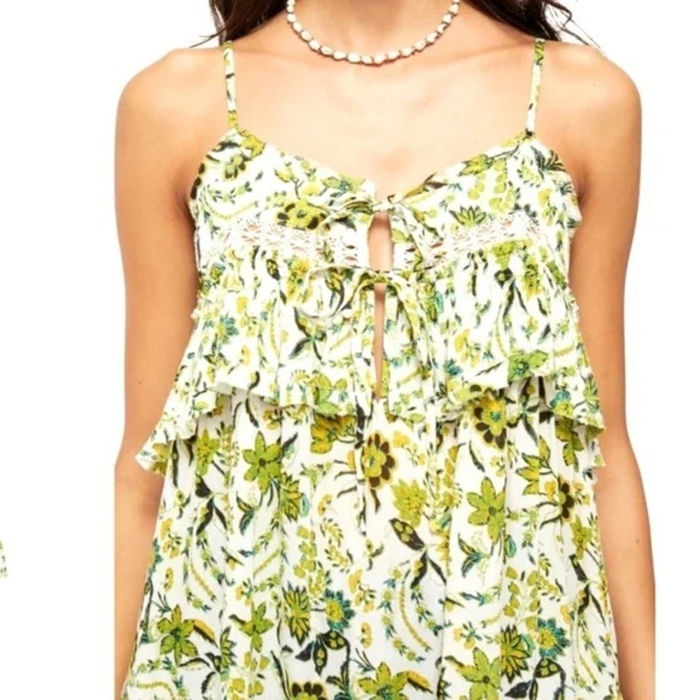 Free People Clemente Yellow Green Babydoll Ruffle Tie Mini Floral Dress SMALL - Picture 3 of 13